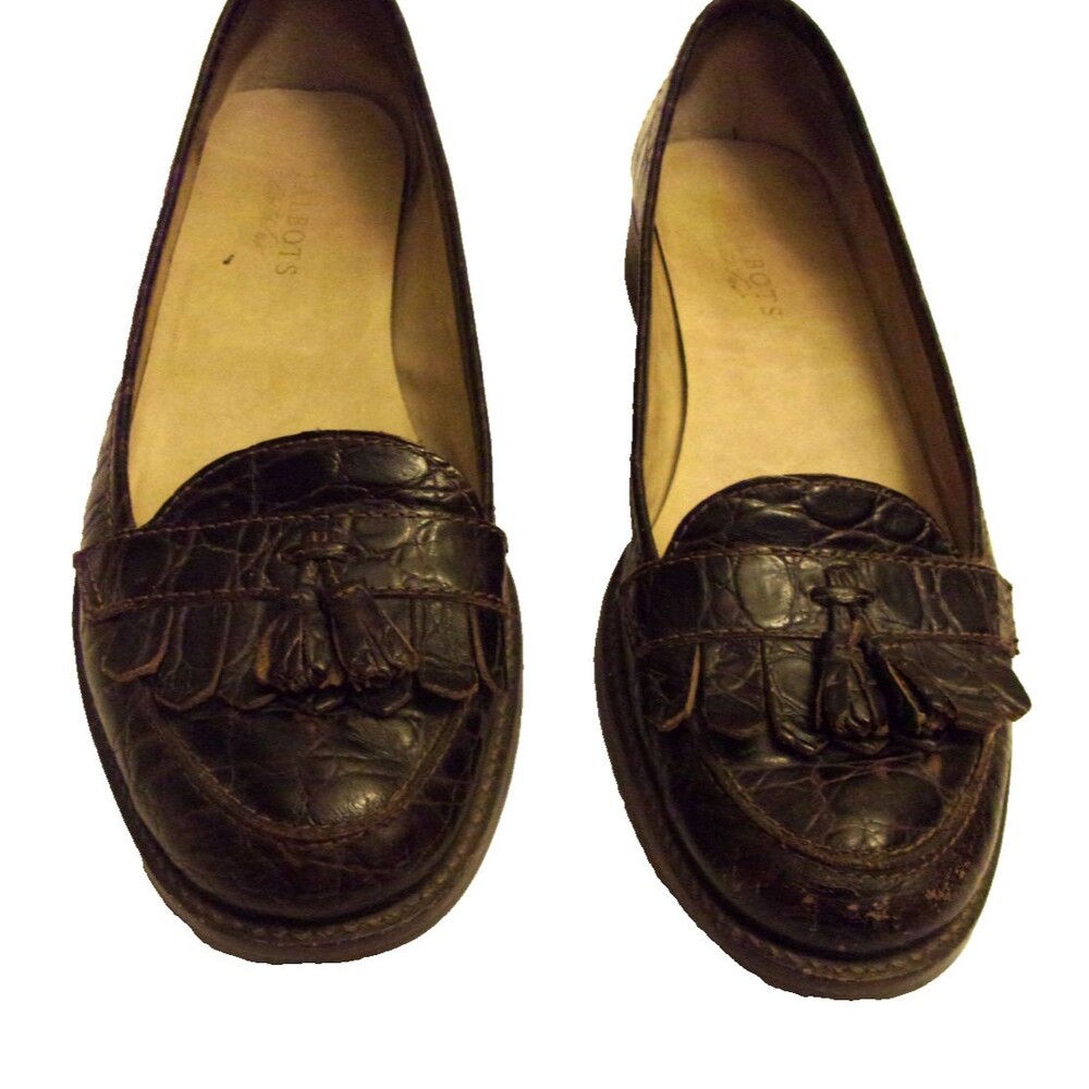 Talbots Brown Tassel Loafers Leather Sz. 9.5 B Rubber Sole Exotic Pattern - Picture 2 of 8